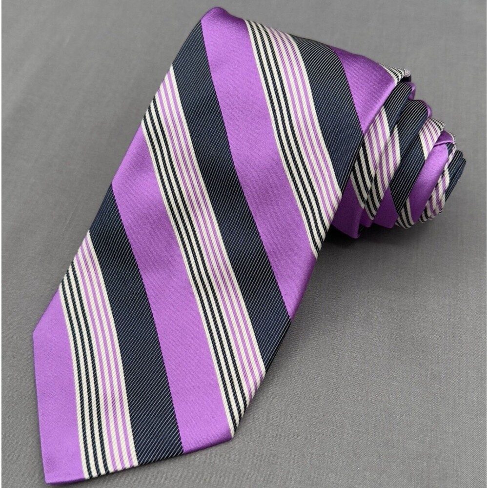 Altea Milano Tie 60" X 3.5" 100% Silk Repp Necktie ITALY Striped Purple/Charcoal